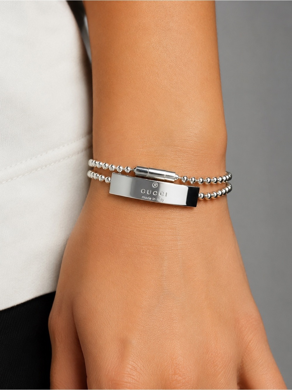 Gucci Silver ID Plate Ball Chain Double Wrap Bracelet/Choker
